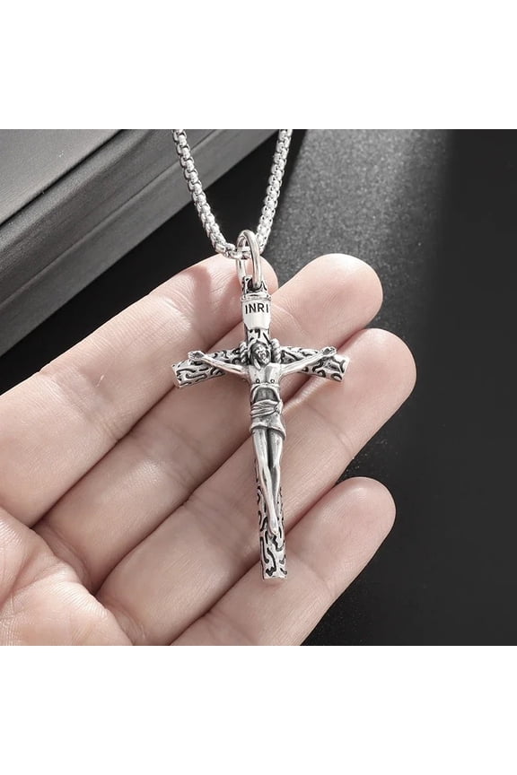 Christian Good Friday Cross Amulet 14K White Gold Pendant Necklace Mens Womens Catholic Prayer Faith Baptism Jewelry Gift