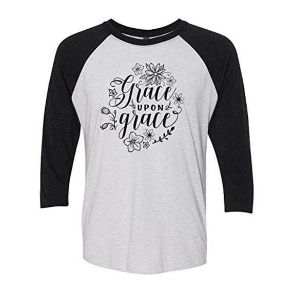 Christian Grace Upon Grace Ladies Baseball Tee-Black/Heather White-XL