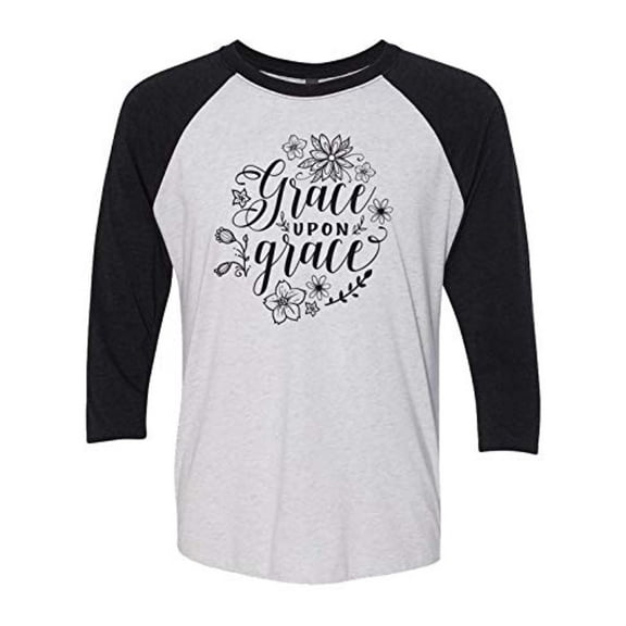 Christian Grace Upon Grace Ladies Baseball Tee-Black/Heather White-XXL