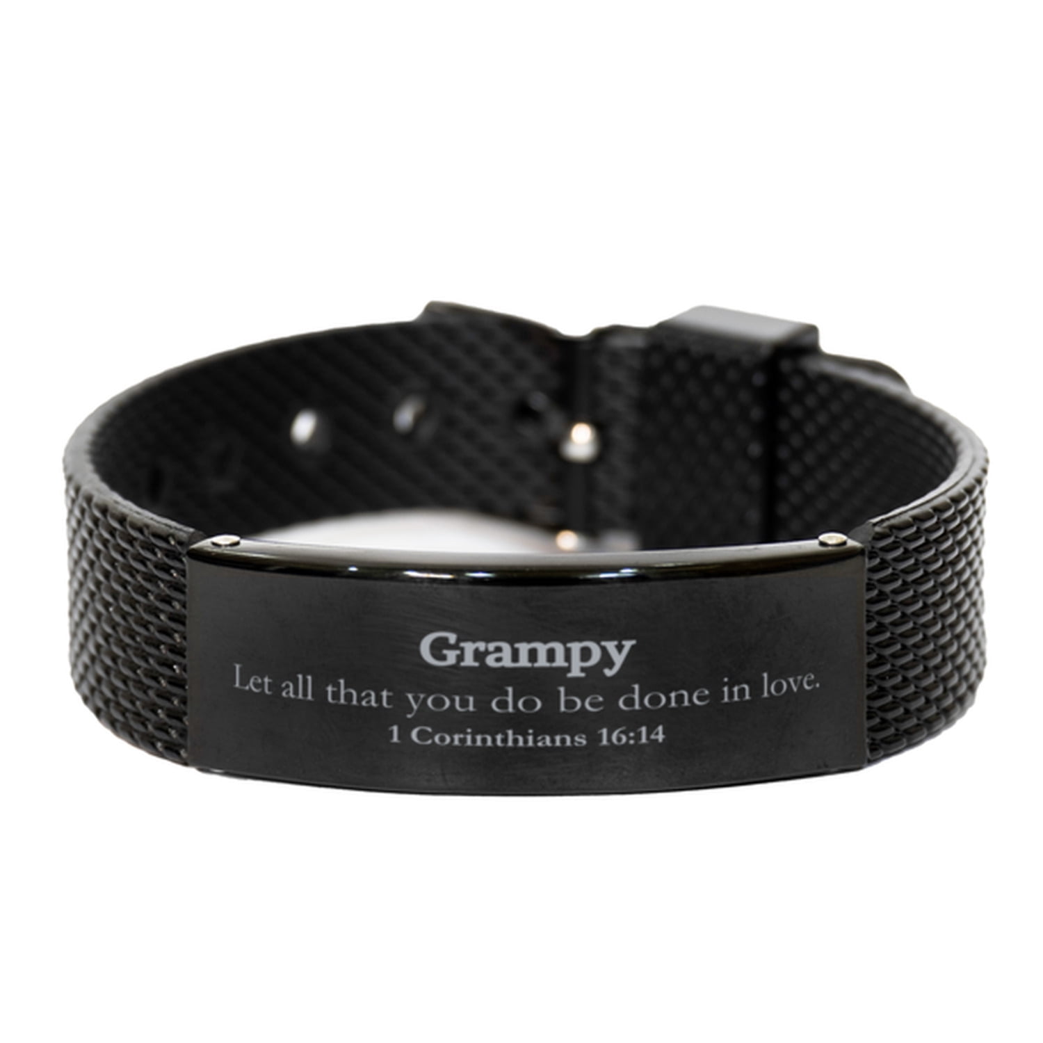 Christian Grampy Gifts, Let all that you do be done in love, Bible Verse Scripture Black Shark Mesh Bracelet, Baptism Confirmation Gifts for Grampy