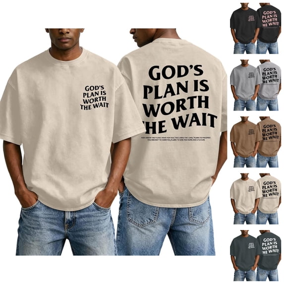 Christian Graphic Shirts for Men God's Plan Is Worth The Wait Oversized Acid Wash Tshirt Faith Back Print Religious T-shirts Casual Tops for Streetwear Summer Vacation