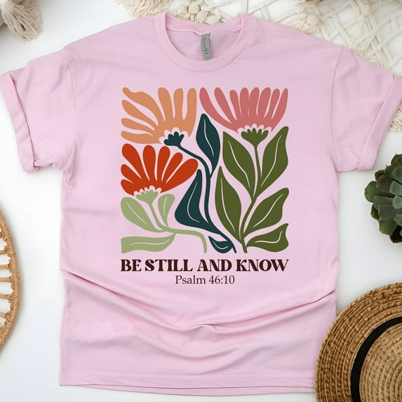 Christian Graphic T-Shirt Be Still and Know Psalm 46:10 for Women, Light Pink, Size 3XL