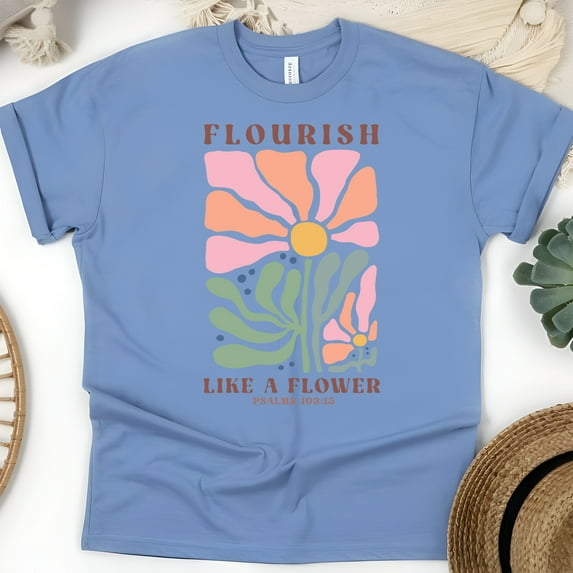 Christian Graphic T-Shirt Flourish Like a Flower Psalms 103:15 for Women, CarolinaBlue, Size 2XL