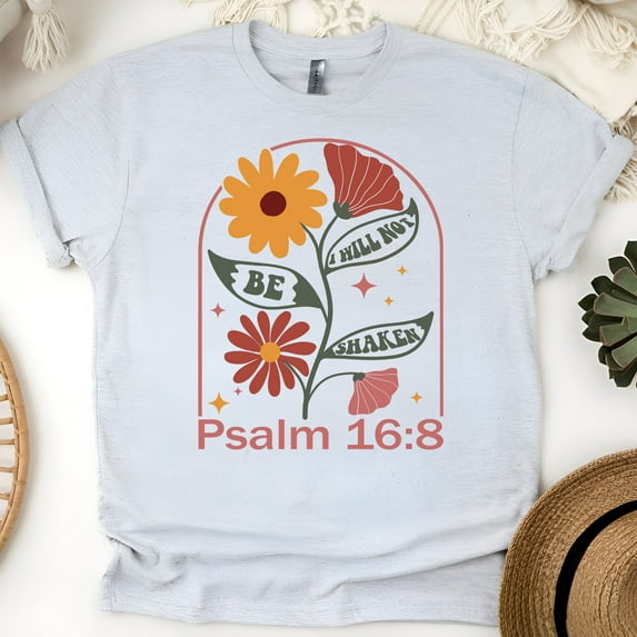 Christian Graphic T-Shirt I Will Not Be Shaken Psalm 16:8 for Women, Ash, Size XL