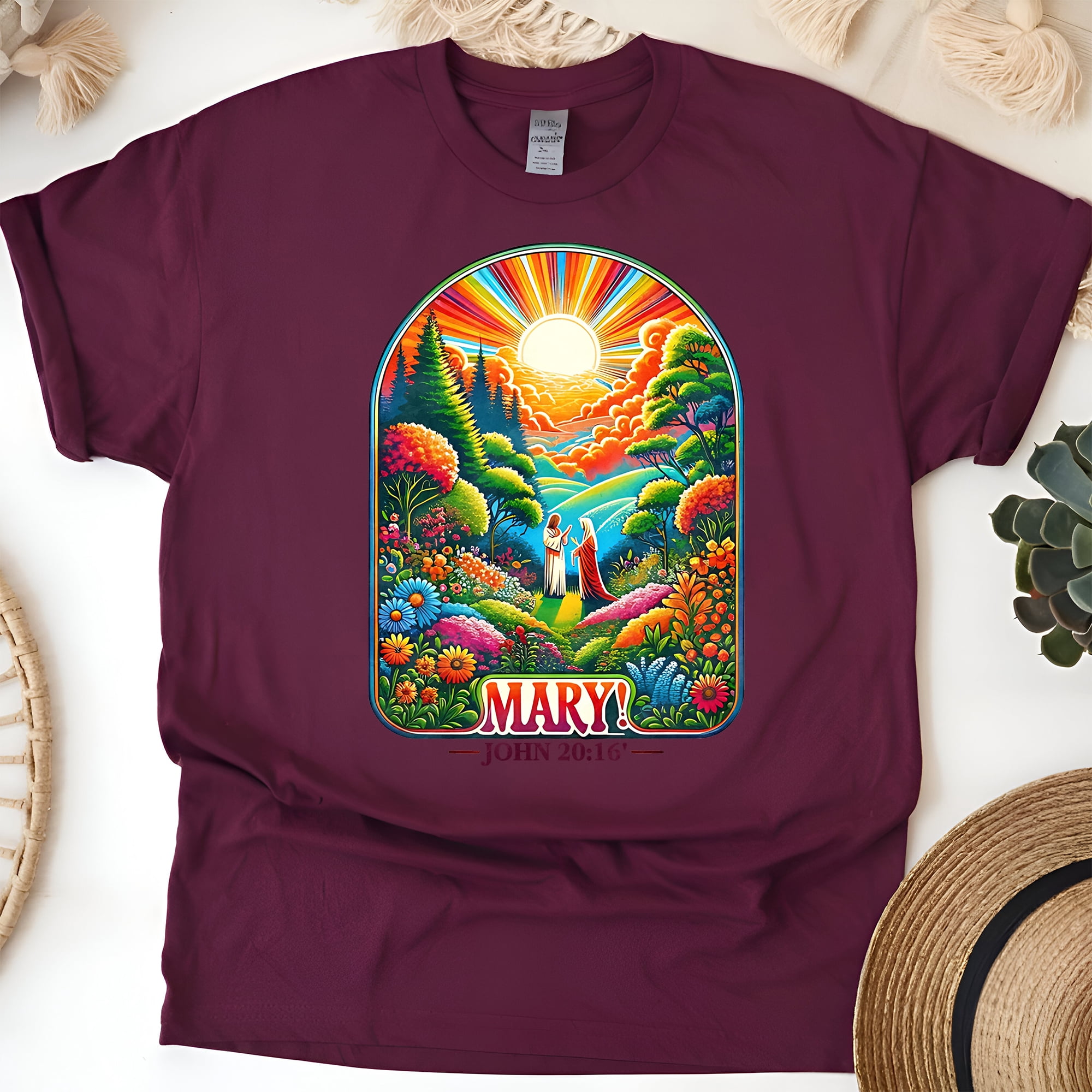 Christian Graphic T-Shirt Mary John 20:16 Colorful Bible Verse, Maroon ...
