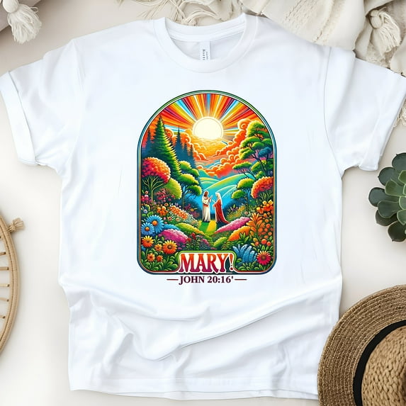 Christian Graphic T-Shirt Mary John 20:16 Colorful Bible Verse, White, Size M