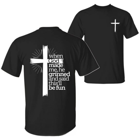 Christian Graphic Tee When God Made Me He Grinned Design Two Sided Jesus Apparel T-Shirt Top Black S-5XL