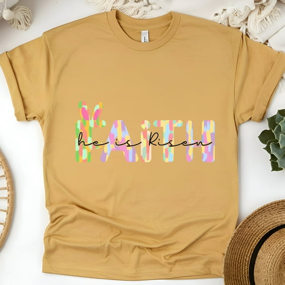 Pastel FAITH Bunny Graphic Tee | He Is Risen Christian Shirt for Women, Gold, Size 5XL
