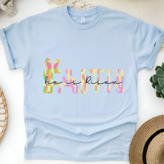 Pastel FAITH Bunny Graphic Tee | He Is Risen Christian Shirt for Women, Light Blue, Size 4XL