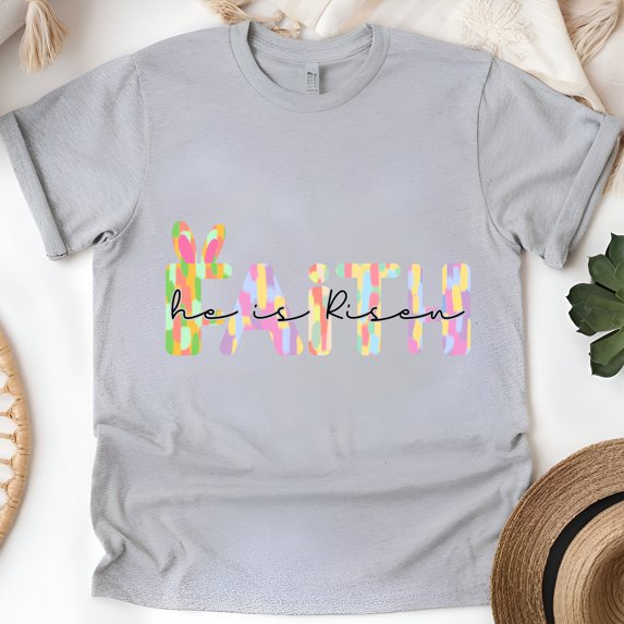 Pastel FAITH Bunny Graphic Tee | He Is Risen Christian Shirt for Women, Sport Grey, Size L