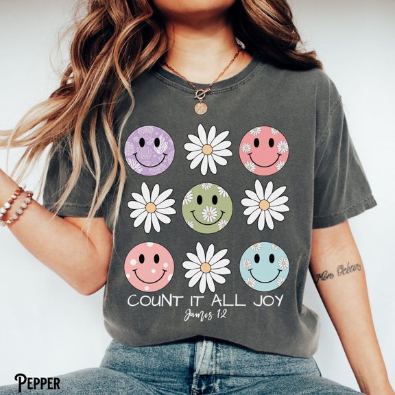 Christian Happy Face Faith Count It All Joy Bible Verse Scripture T-Shirt All Size S-3XL