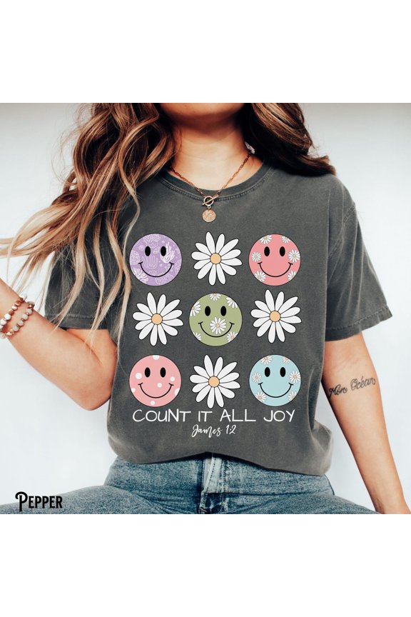 Christian Happy Face Faith Count It All Joy Bible Verse Scripture T-Shirt All Size S-3XL