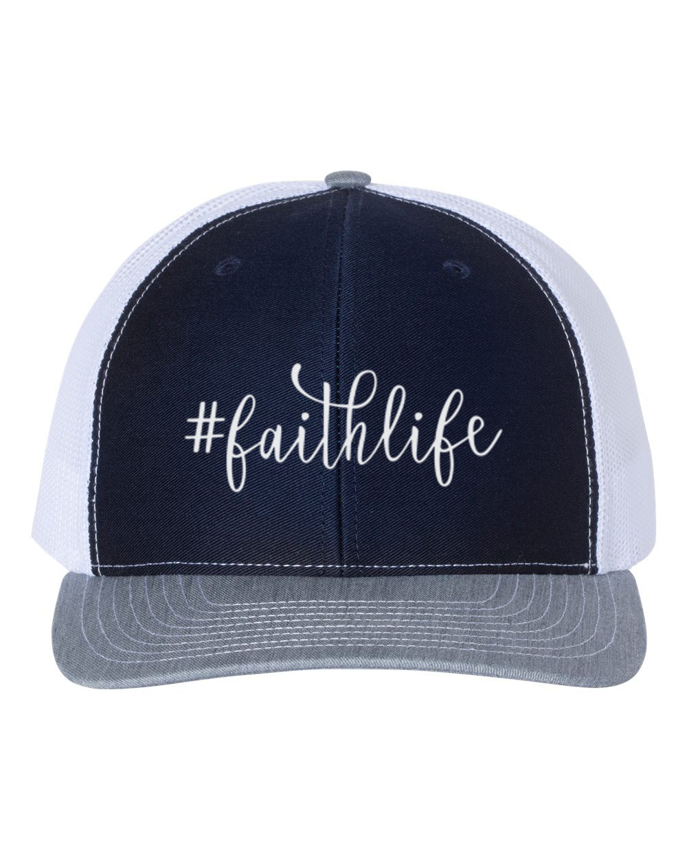 Christian Hat, #Faithlife, Christian Snapback, Faith Hat, Adjustable, Jesus Apparel, Ministry, Church Hat, Trucker Hat, Faith, White Text, Navy/White/Heather - image 1 of 1
