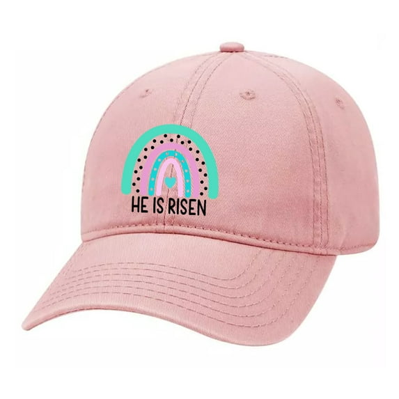 Christian He is Risen Boho Rainbow Embroidered Twill Baseball Cap Hat with Adjustable Metal Buckle Back-Pink