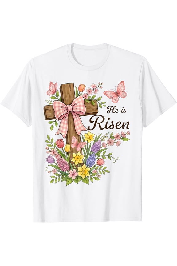 Christian He is Risen Floral Cross Religious Easter Womens T-Shirt