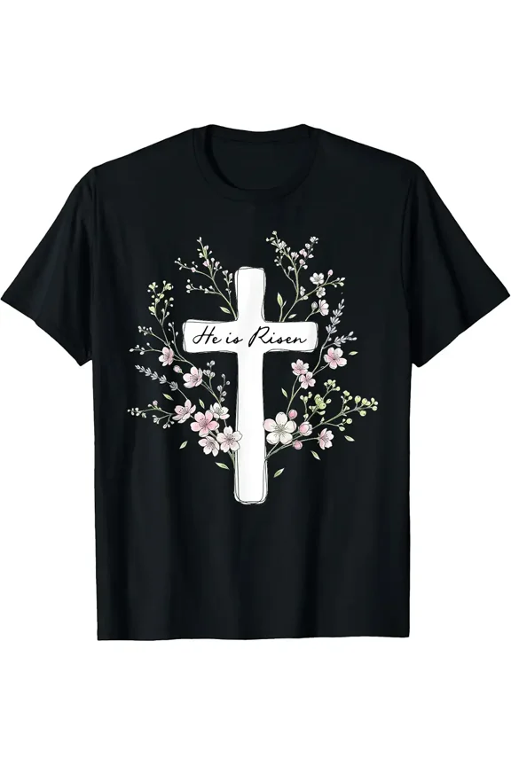 Christian- He is Risen Pretty Floral Cross Religious Easter T-Shirt