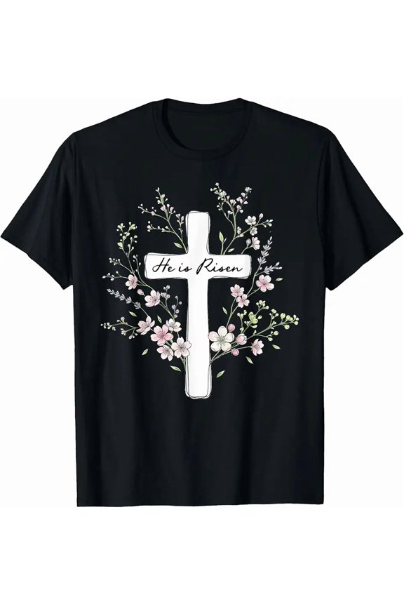 Christian- He is Risen Pretty Floral Cross Religious Easter T-Shirt