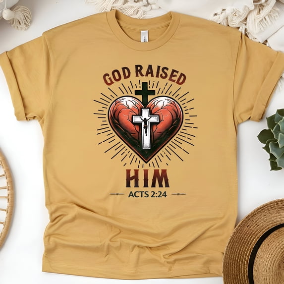 Christian Heart Graphic T-Shirt God Raised Him Acts 2:24, Gold, Size M