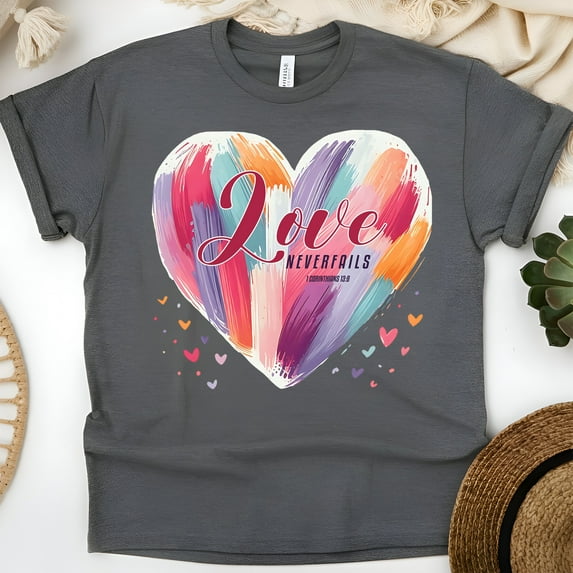 Christian Heart Graphic T-Shirt Love Never Fails Bible Verse, Dark Heather, Size M