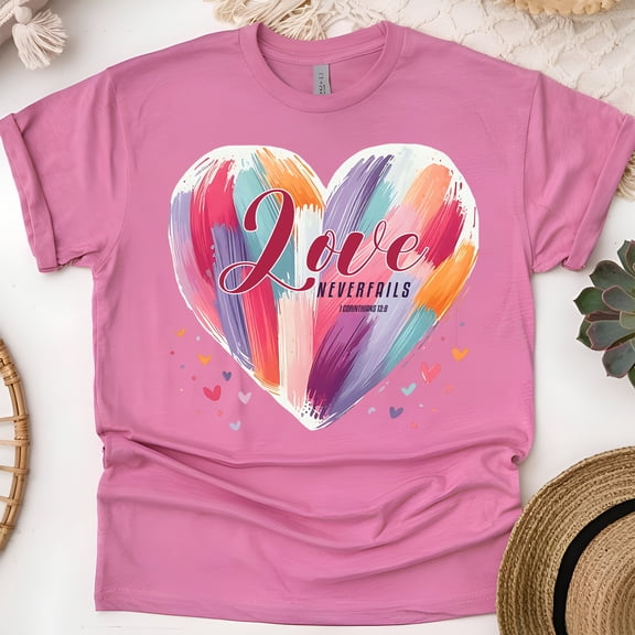 Christian Heart Graphic T-Shirt Love Never Fails Bible Verse, Heliconia, Size L