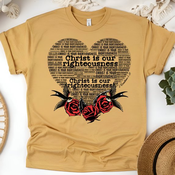 Christian Heart T-Shirt – Christ Is Our Righteousness Scripture Tee with Red Roses & Bible Verse, Gold, Size L