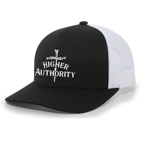 Christian Higher Authority Cross Nails Jesus Mens Embroidered Mesh Back Trucker Hat, Black/White
