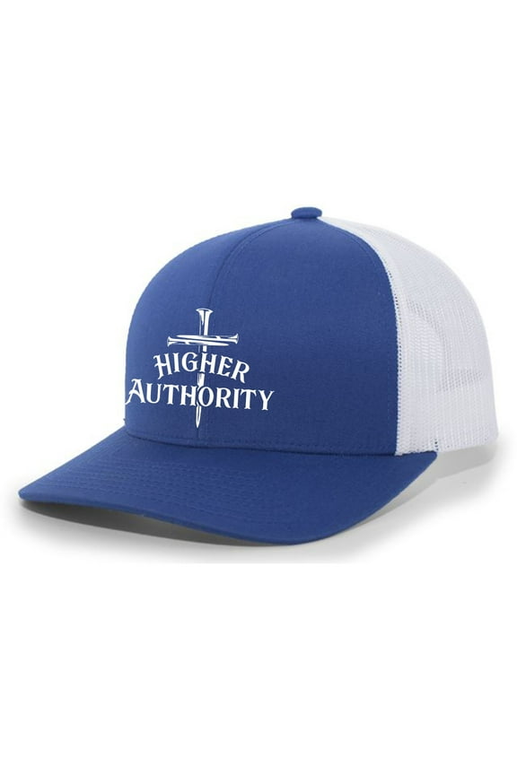 Christian Higher Authority Cross Nails Jesus Mens Embroidered Mesh Back Trucker Hat, Royal/White