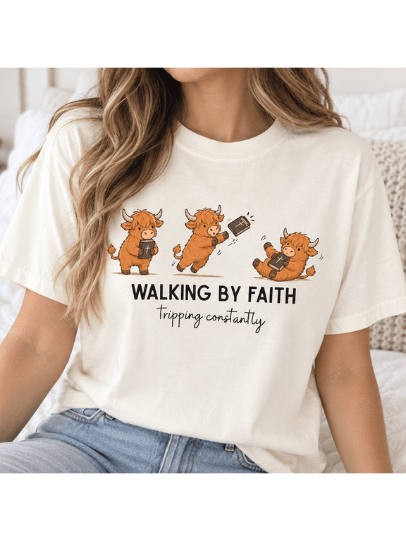 Christian Highland Cow Shirt, Funny Highland Cow Bible Verse Tee, Walking By Faith Shirt, Vintage Christian Country Faith Gift