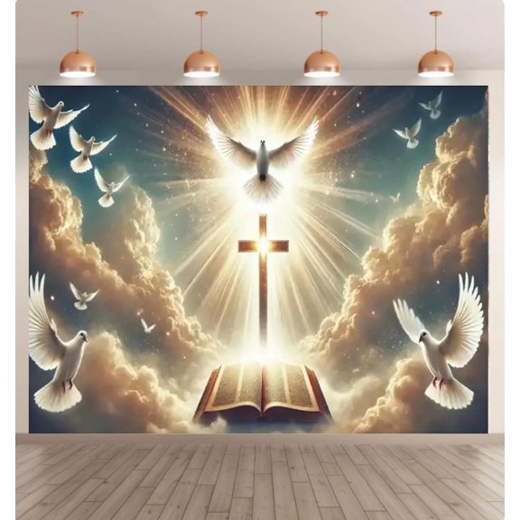 Christian Holy Cross Open Bible White Dove Holy Light Heavenly Cloud Background Cloth