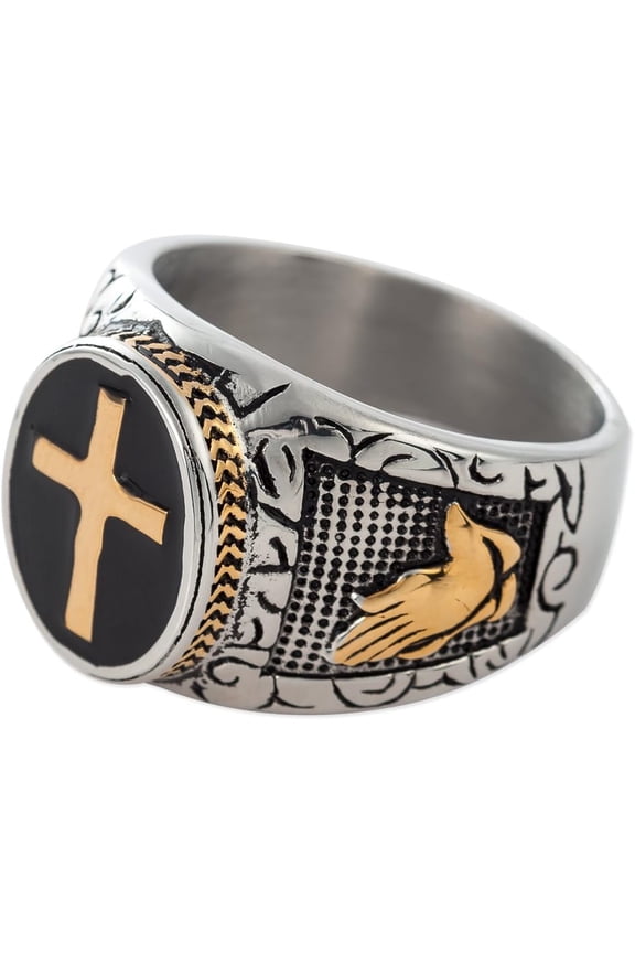 Christian Holy Cross Prayer Ring Stainless Steel Black Enamel Religious