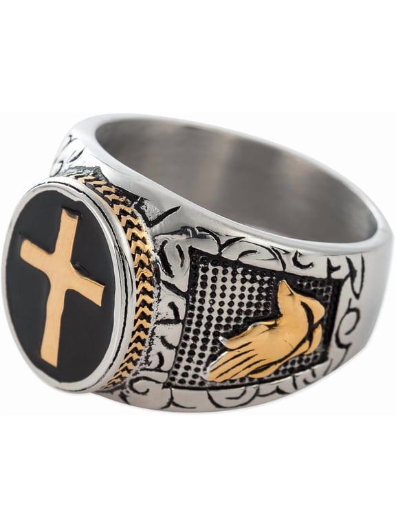 Christian Holy Cross Prayer Ring Stainless Steel Black Enamel Religious