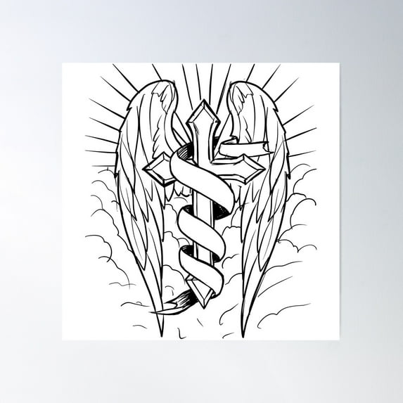 Christian Holy Cross With Angel Wings Poster Wall Art, Modern Wall Decor For Living Room Bedroom, 17x17 UNFRAMED