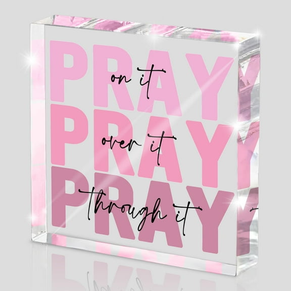 Christian Home Decor Pray Through It Bible Verse Sign, 4x4 Inches Pink Acrylic Desk Art, Inspirational Gift for Women Mothers Friends