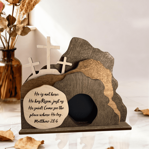 Christian Home Decor The Empty Tomb Easter Scene and Cross Decoration, Easter Resurrection Scene Set Wooden Jesus Sign for The Home, Tabletop, Office