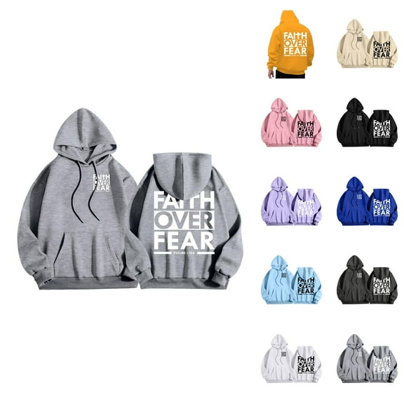 Christian Hoodies for Men 2025 Faith Over Fear Graphic Hoodie with Pockets Hooded Sweatshirt Pullover Tops