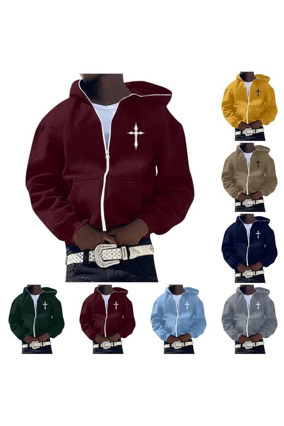 Christian Hoodies for Men Cross Print Zip Up Faith Long Sleeve Jesus Sweatshirt Fall Winter Y2K Tops Wine L