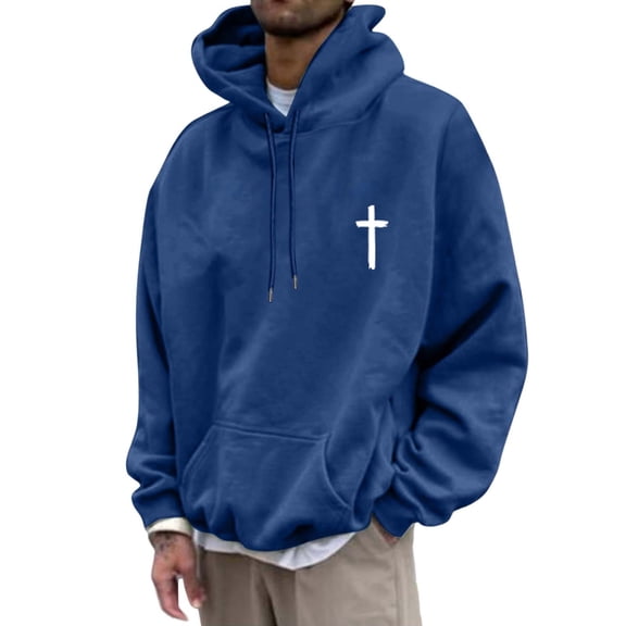 Christian Hoodies for Men Drawstring Faith Jesus Graphic Long Sleeve Pullover Tops Fall Winter Warm Sweatshirts with Pockets Blue L