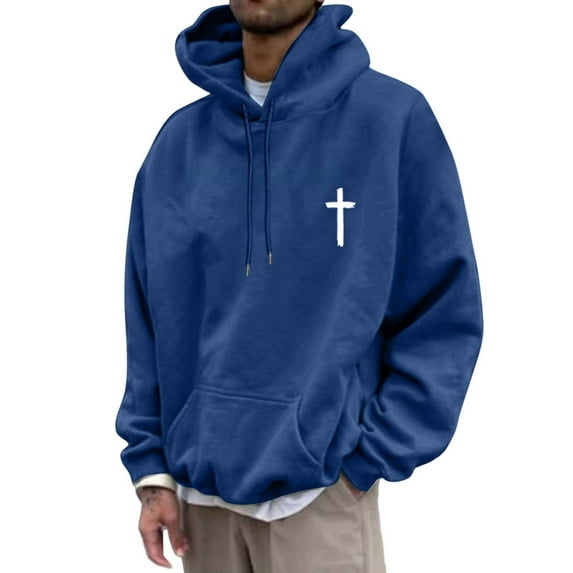 Christian Hoodies for Men Drawstring Faith Jesus Graphic Long Sleeve Pullover Tops Fall Winter Warm Sweatshirts with Pockets Blue S