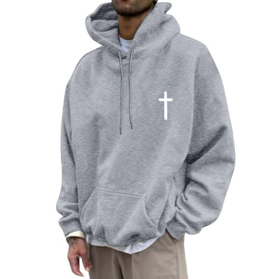Christian Hoodies for Men Drawstring Faith Jesus Graphic Long Sleeve Pullover Tops Fall Winter Warm Sweatshirts with Pockets Light Gray L