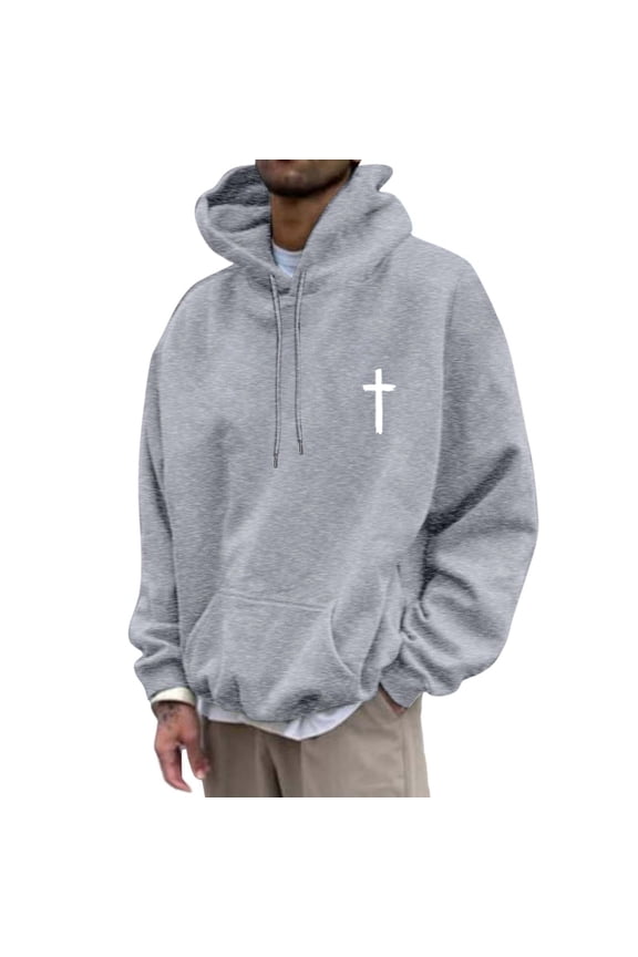 Christian Hoodies for Men Drawstring Faith Jesus Graphic Long Sleeve Pullover Tops Fall Winter Warm Sweatshirts with Pockets Light Gray L