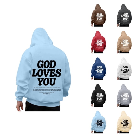 Christian Hoodies for Men Long Sleeve Loose Casual God Loves You Graphic Sweatshirts with Pockets Fall Winter Pullover Tops