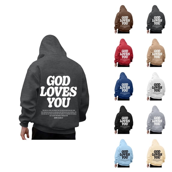 Christian Hoodies for Men Long Sleeve Loose Casual God Loves You Graphic Sweatshirts with Pockets Fall Winter Pullover Tops