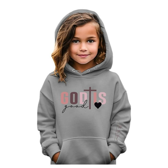 Christian Hoodies for Toddler Girls Oversized Jesus Hoodie God is Good Bible Verse Pullover Long Sleeve Tops, Grey 13-14
