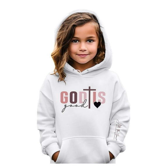 Christian Hoodies for Toddler Girls Oversized Jesus Hoodie God is Good Bible Verse Pullover Long Sleeve Tops, White 11-12