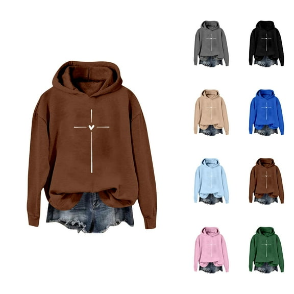 Christian Hoodies for Women 2025 Fall Winter Long Sleeve Cross Print Hoodie Hooded Sweatshirt Pullover Tops