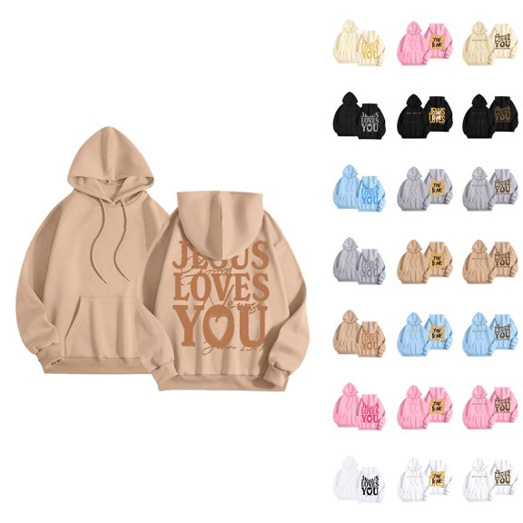 Christian Hoodies for Women 2025 Jesus Loves You Cute Y2K Graphic Hoodie with Pockets Hooded Sweatshirt Women Pullover