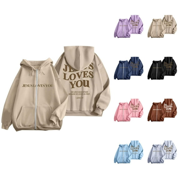 Christian Hoodies for Women 2025 Jesus Loves You Hoodie Zip Up Hoodie with Pockets Hooded Sweatshirt Women Jacket