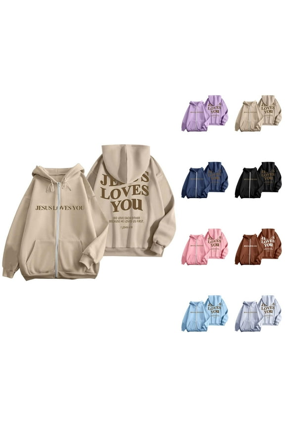 Christian Hoodies for Women 2025 Jesus Loves You Hoodie Zip Up Hoodie with Pockets Hooded Sweatshirt Women Jacket