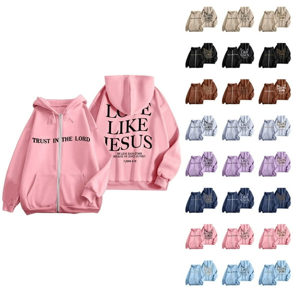 Christian Hoodies for Women 2025 Jesus Loves You Zip Up Hoodie Jacket with Pockets Hooded Sweatshirt Pullover Tops