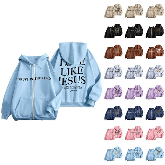 Christian Hoodies for Women 2025 Jesus Loves You Zip Up Hoodie Jacket with Pockets Hooded Sweatshirt Pullover Tops